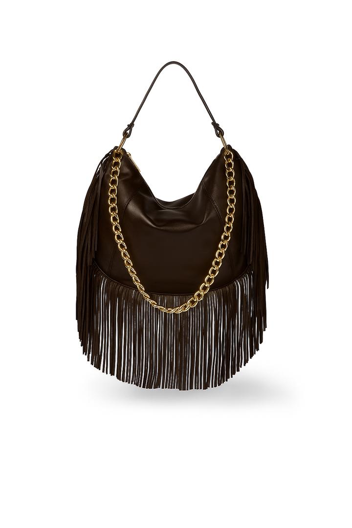 Kate – Hobo bag in pelle con frange lunghe e catena dorata removibile