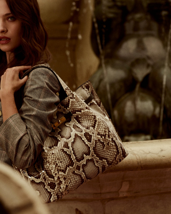 Sveva Maxi in genuine python leather with logo jacquard shoulder strap and black leather details