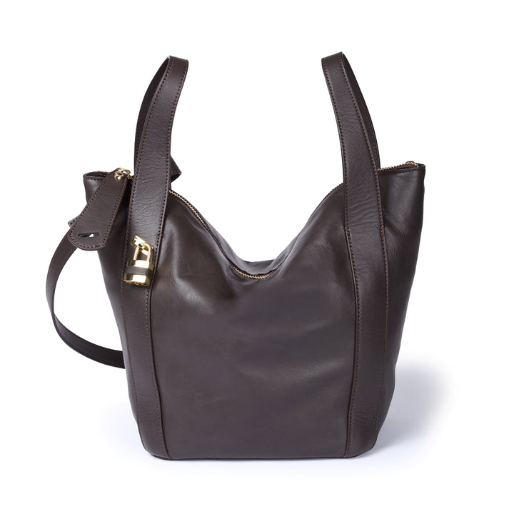 Amina small leather handbag with wrapped tubular handle and detachable shoulder strap