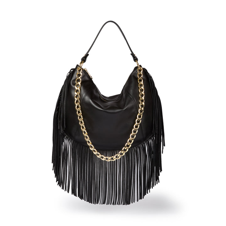 Kate – Leather Hobo Bag with Long Fringes and a Removable Gold Chain