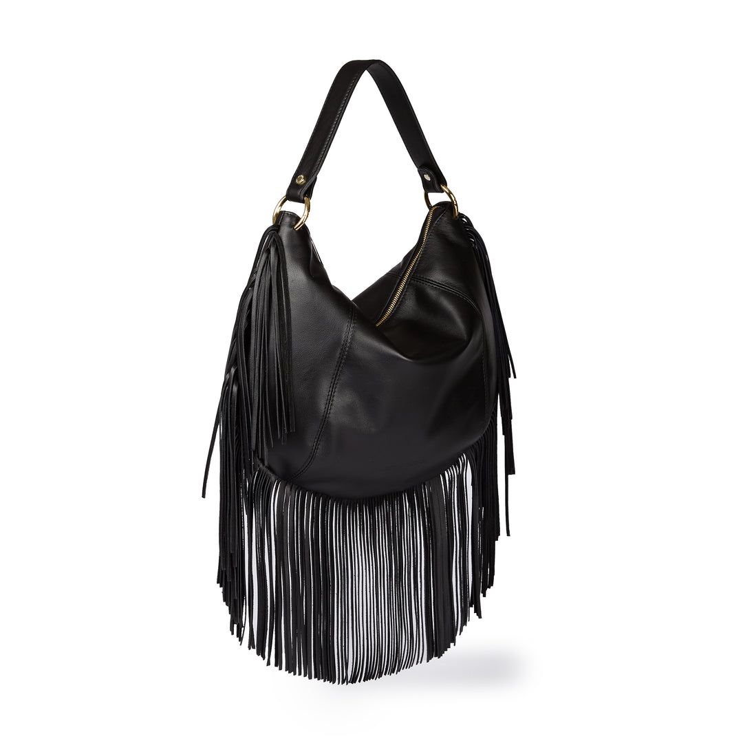 Kate – Leather Hobo Bag with Long Fringes and a Removable Gold Chain