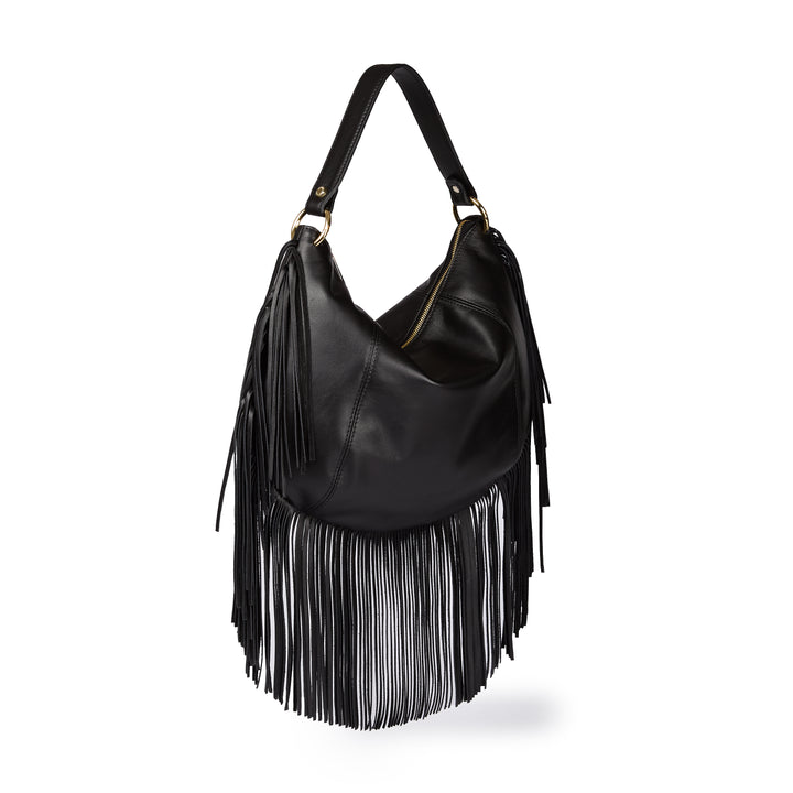 Kate – Leather Hobo Bag with Long Fringes and a Removable Gold Chain