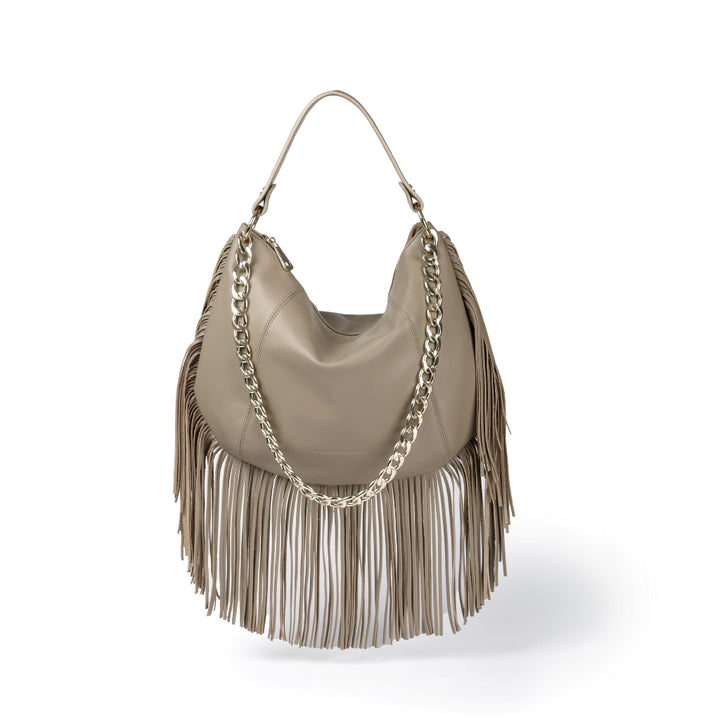 Kate – Leather Hobo Bag with Long Fringes and a Removable Gold Chain