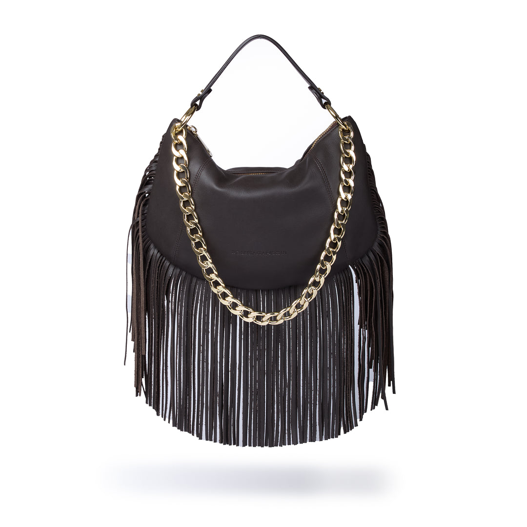 Kate small – Hobo bag in pelle con frange lunghe e catena dorata removibile