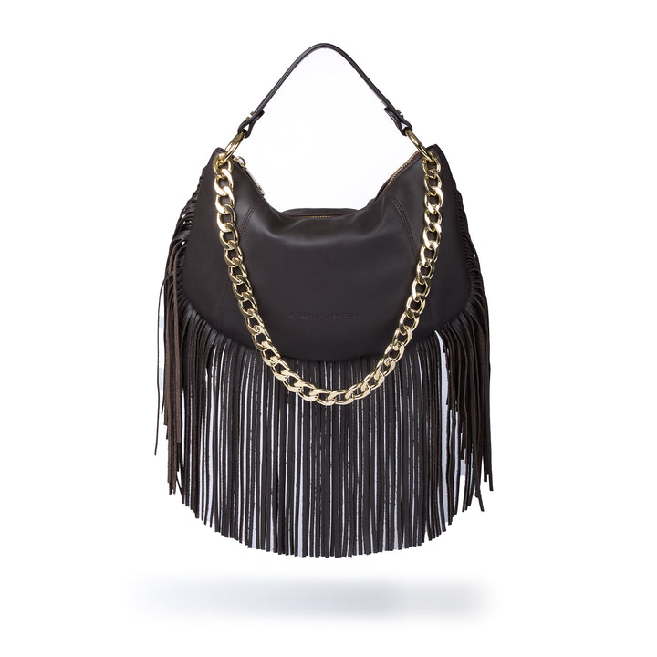 Kate small – Hobo bag in pelle con frange lunghe e catena dorata removibile