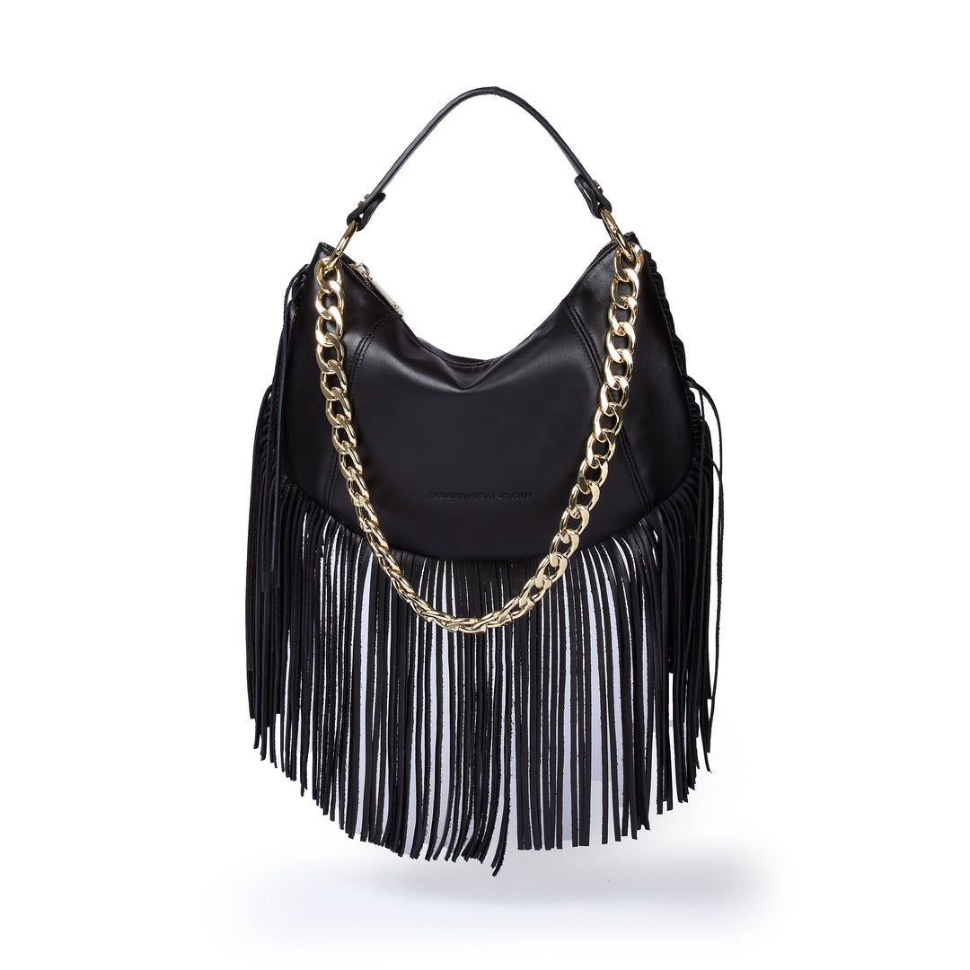 Kate Small – Leather hobo bag with long fringes and a removable gold chain