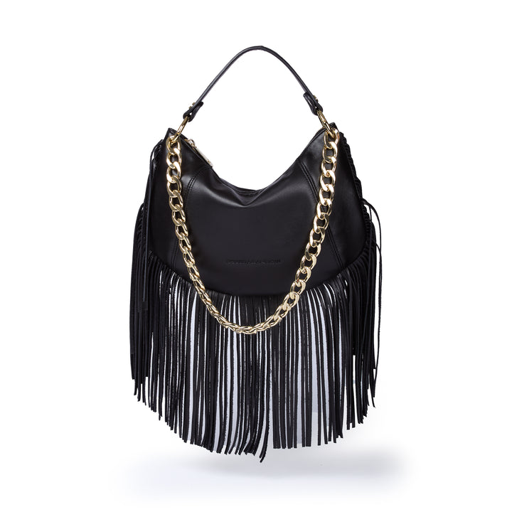 Kate Small – Leather hobo bag with long fringes and a removable gold chain