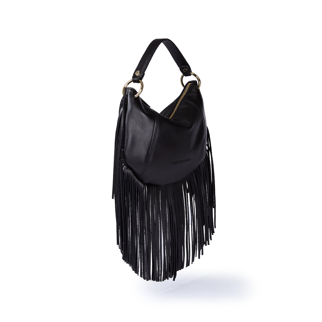 Kate Small – Leather hobo bag with long fringes and a removable gold chain