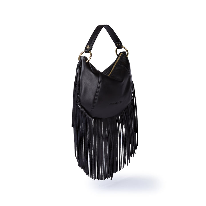 Kate Small – Leather hobo bag with long fringes and a removable gold chain