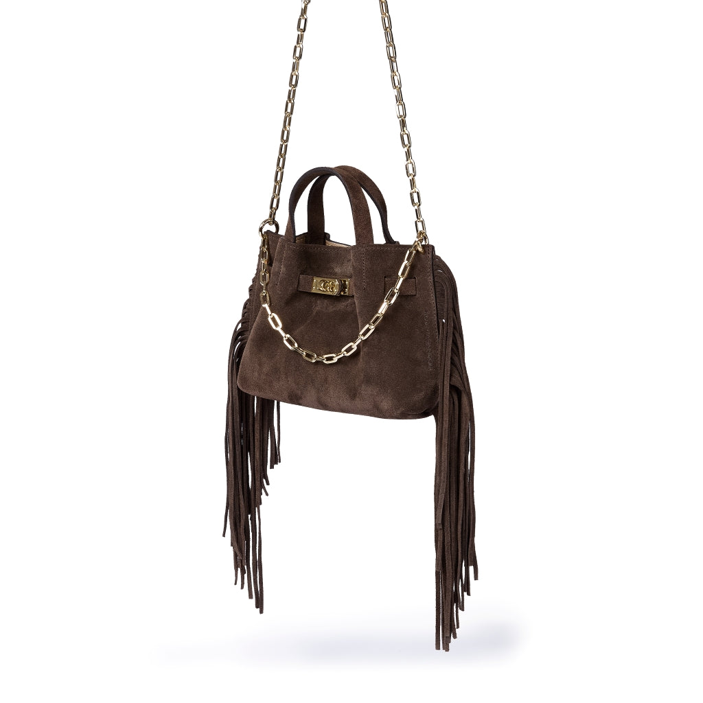 Sveva Mini Suede Fringes – Suede handbag with fringes and turn-lock closure