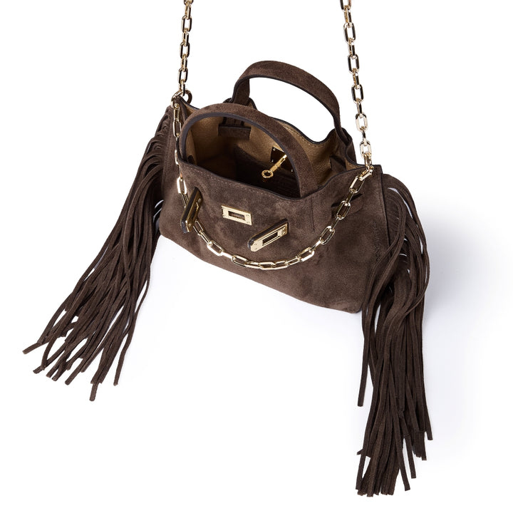 Sveva Mini Suede Fringes – Suede handbag with fringes and turn-lock closure