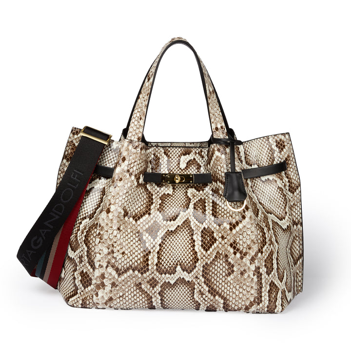 Sveva Maxi in genuine python leather with logo jacquard shoulder strap and black leather details