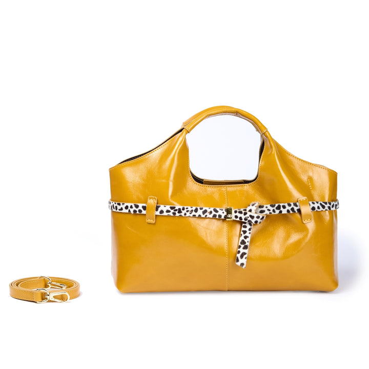 Grace Glossy Handbag – Distressed Calf Leather Bag with Animal-Print Belt