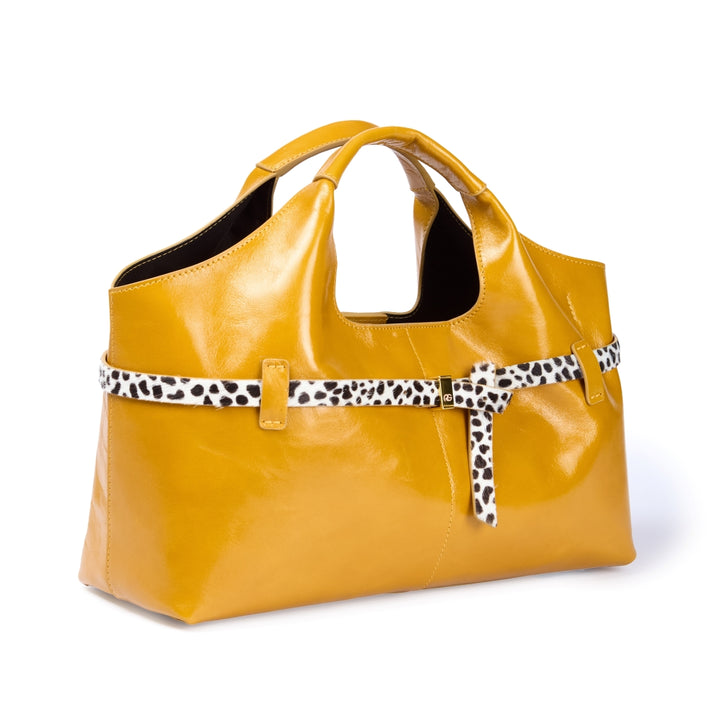Grace Glossy Handbag – Distressed Calf Leather Bag with Animal-Print Belt