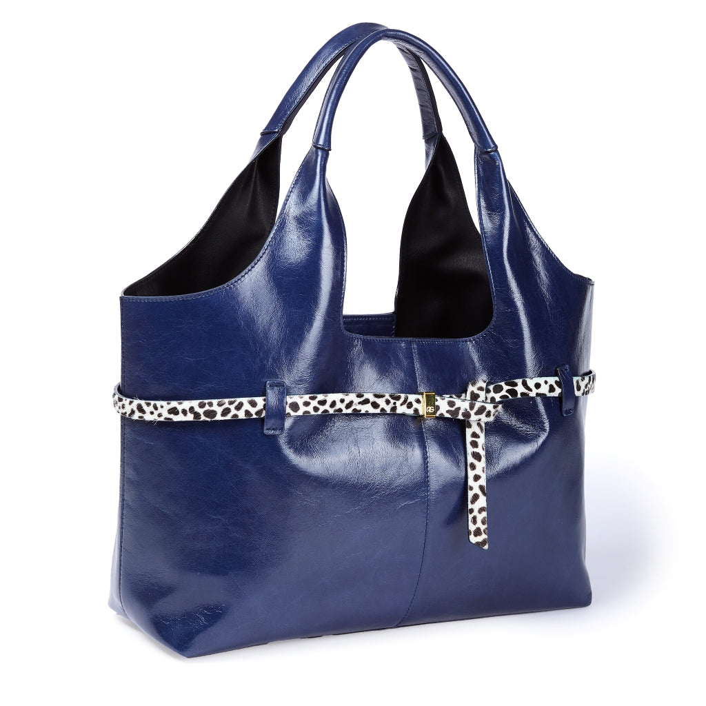 Grace Glossy Handbag – Distressed Calf Leather Bag with Animal-Print Belt