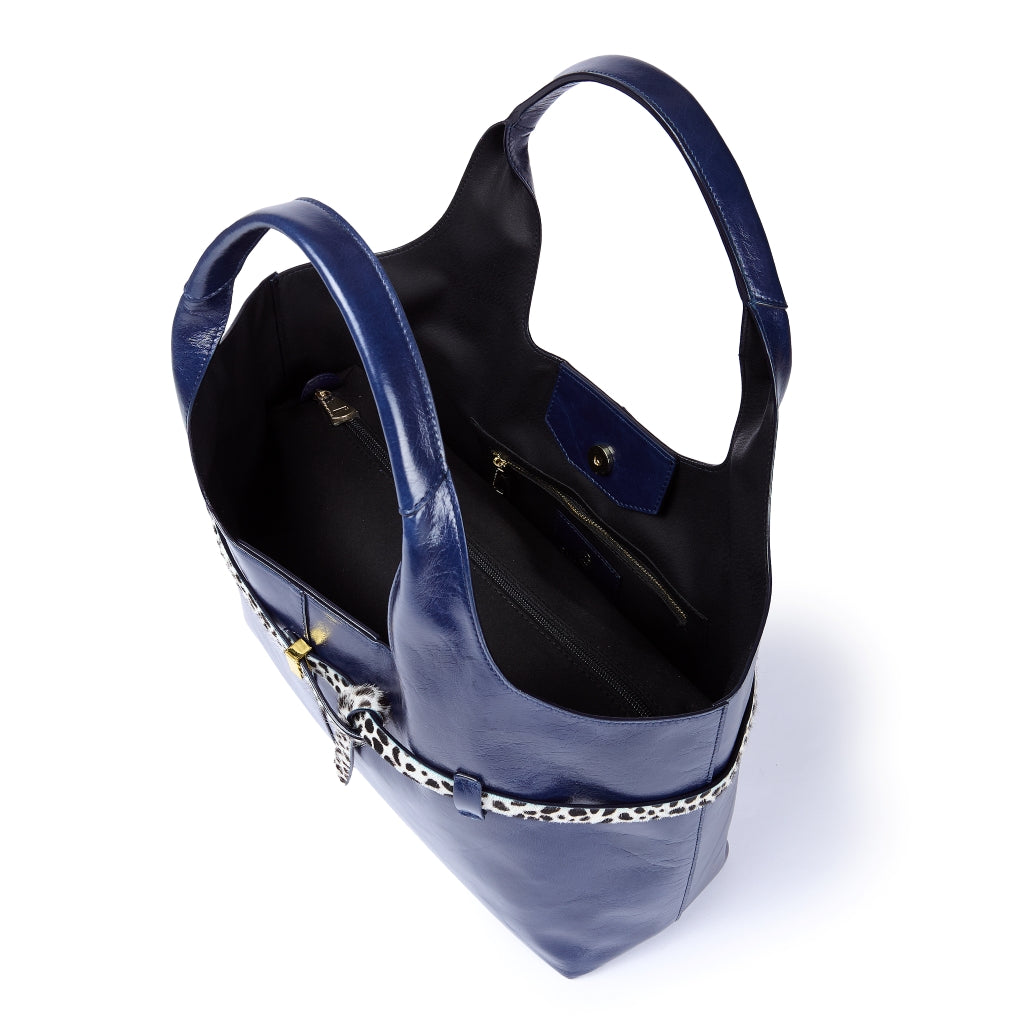 Grace Glossy Handbag – Distressed Calf Leather Bag with Animal-Print Belt
