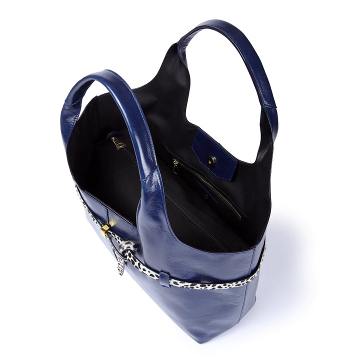 Grace Glossy Handbag – Distressed Calf Leather Bag with Animal-Print Belt