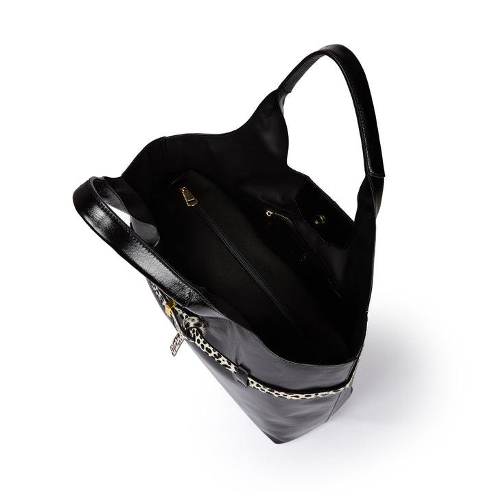 Grace Glossy Large Tote – Distressed Calf Leather Bag with Animal-Print Belt