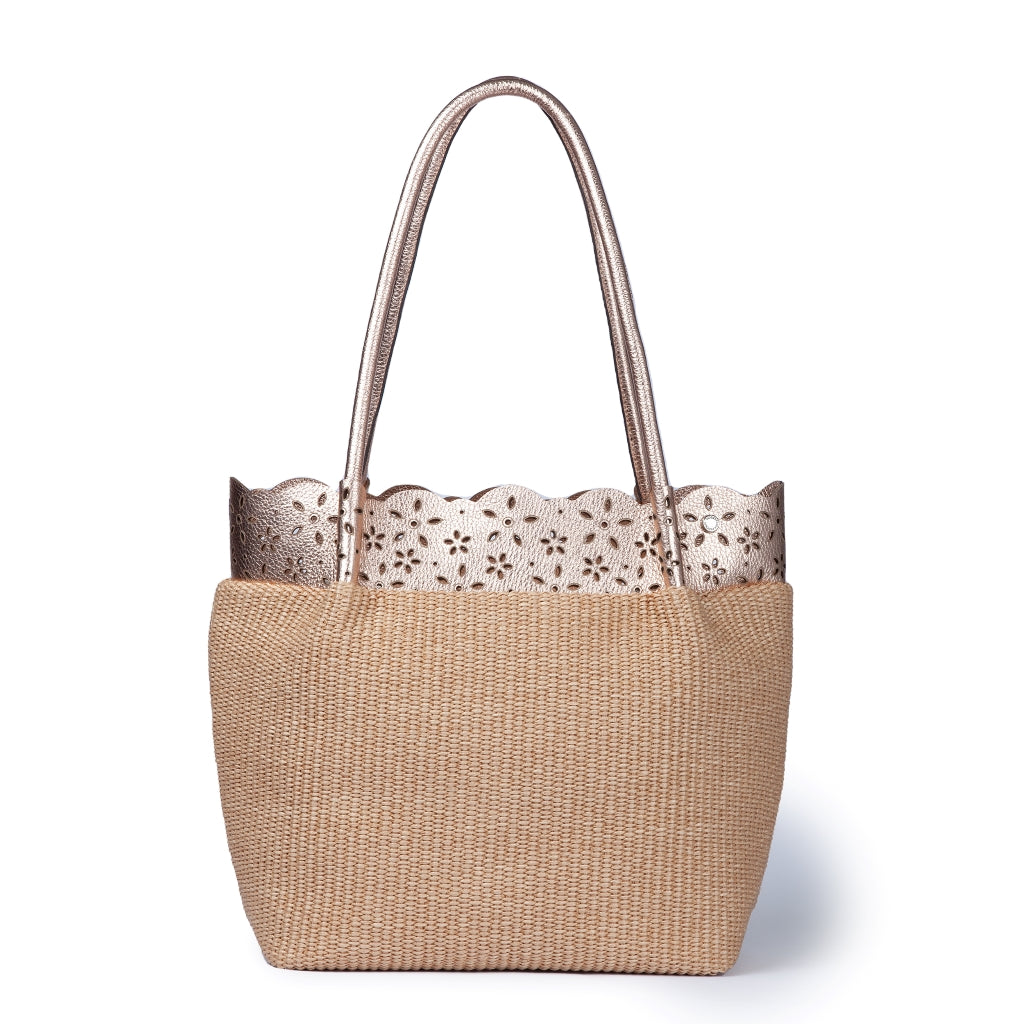 Diletta Shopping – Straw-Effect Fabric Bag with Laser-Cut Leather Ruffle