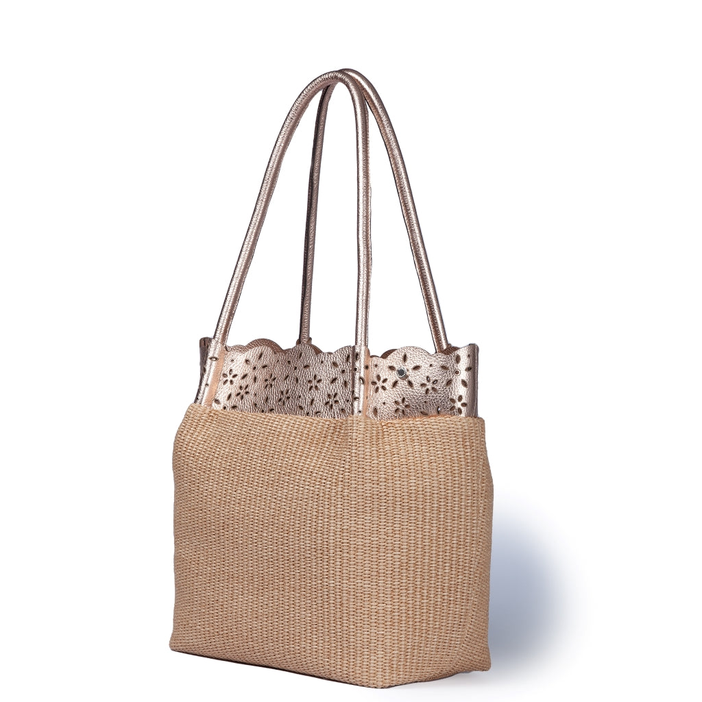 Diletta Shopping – Straw-Effect Fabric Bag with Laser-Cut Leather Ruffle