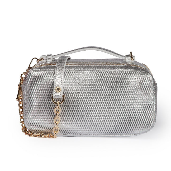 Brigida Yuma camera borsa in pelle con doppio scomparto e tracolla in catena dorata con spallaccio protettivo in pelle