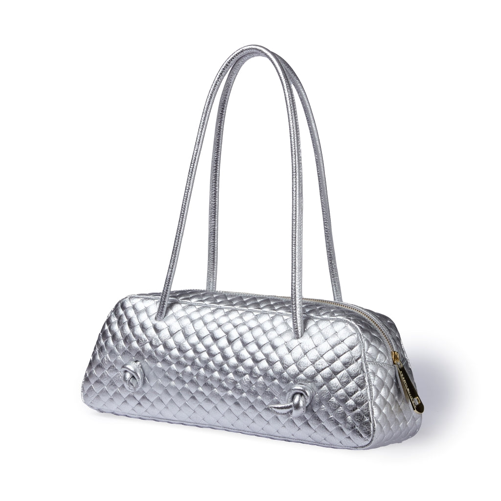 Grace Woven – Borsa Allungata in Pelle Effetto Intrecciato Argento