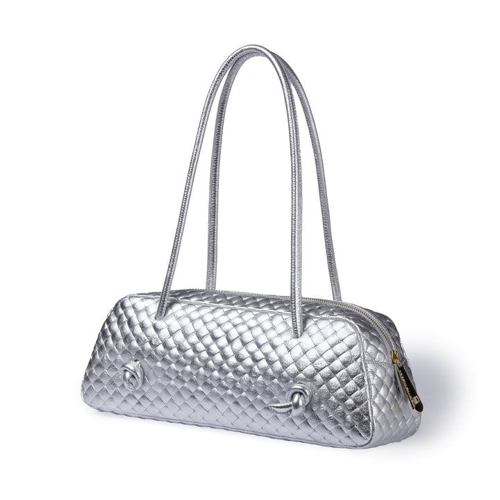 Grace Woven – Borsa Allungata in Pelle Effetto Intrecciato Argento
