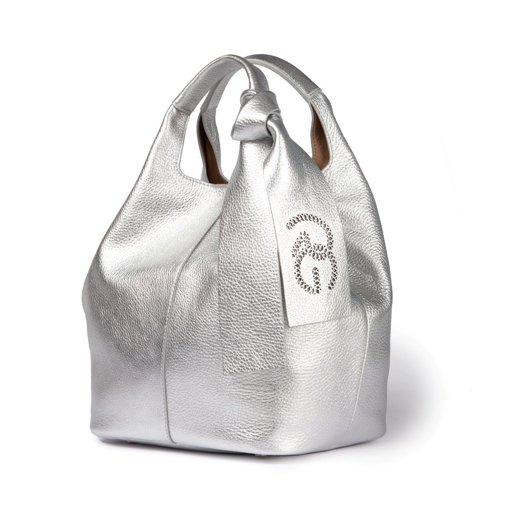 Maia handbag – Borsa Morbida in Pelle Martellata Metal Argento con Tracolla