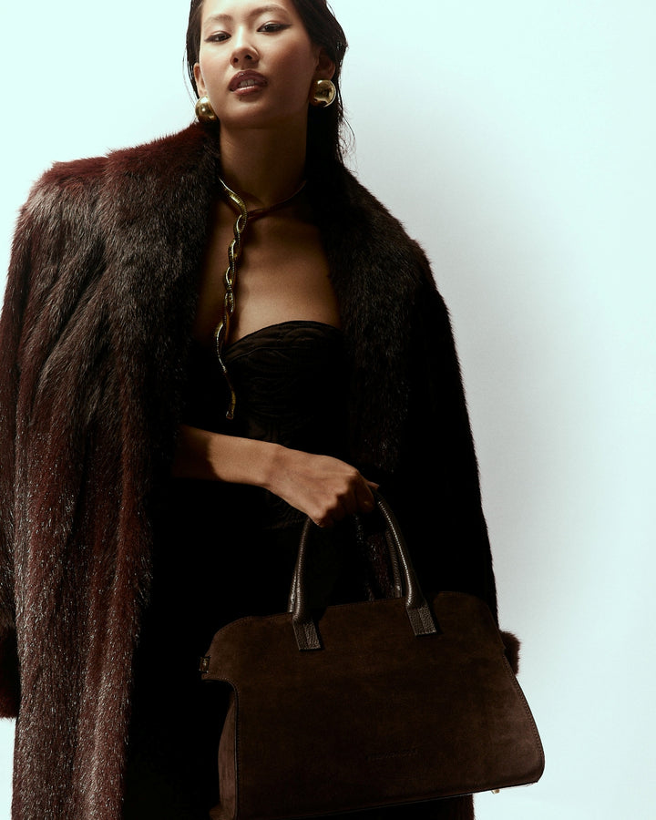 Elodie Suede bowling medium borsa a mano in pelle con tracolla staccabile e regolabile