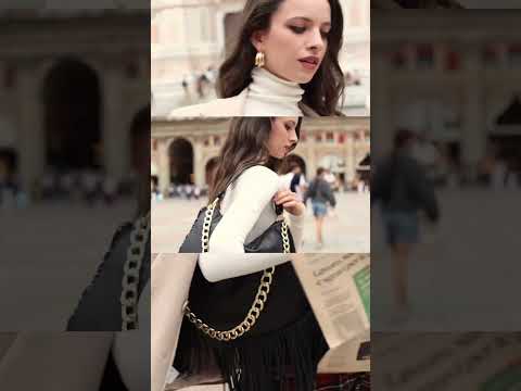Kate – Leather Hobo Bag with Long Fringes and a Removable Gold Chain