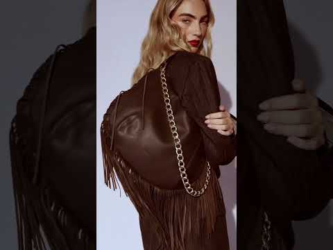 Kate – Leather Hobo Bag with Long Fringes and a Removable Gold Chain