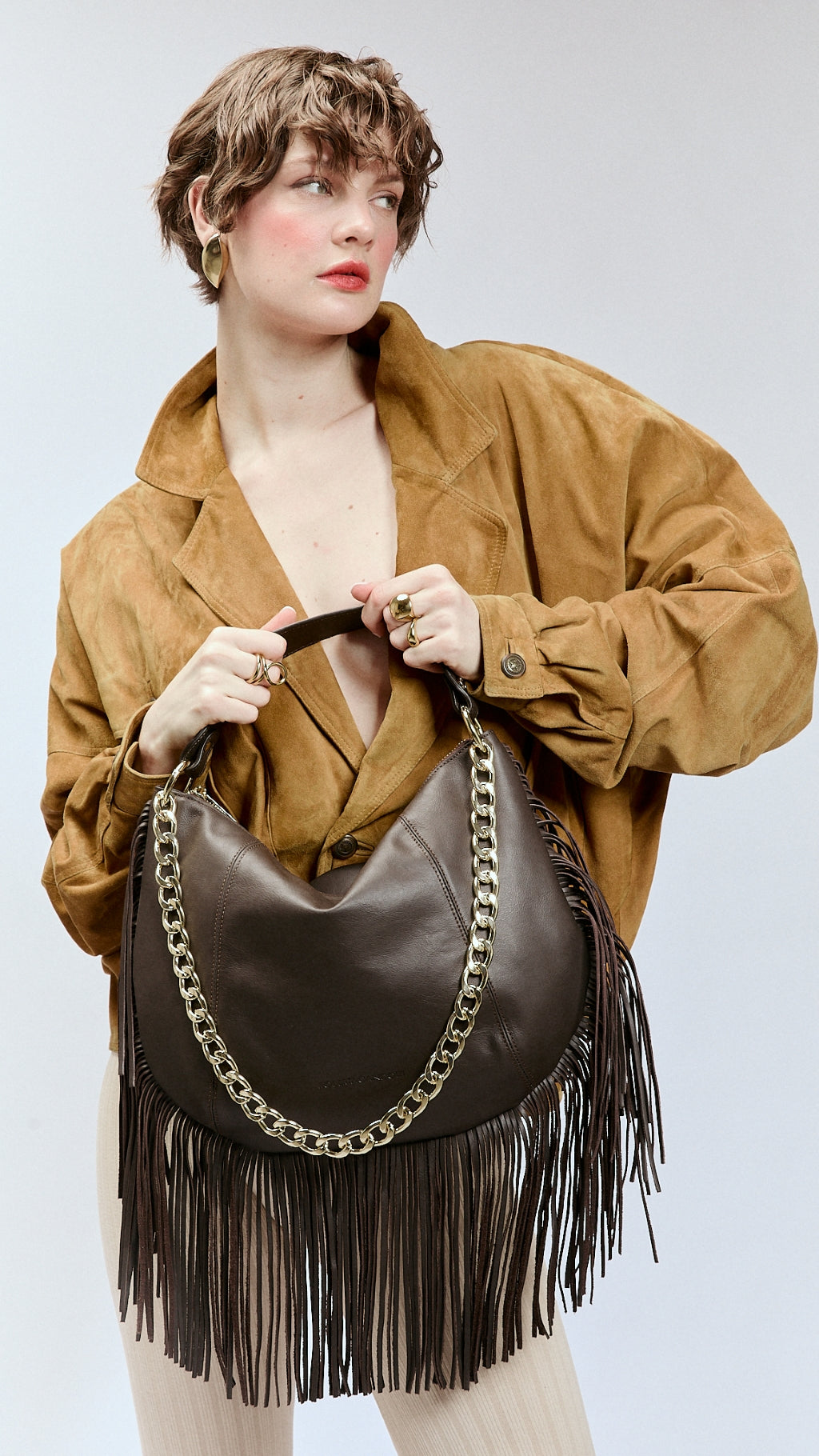 Kate – Leather Hobo Bag with Long Fringes and a Removable Gold Chain