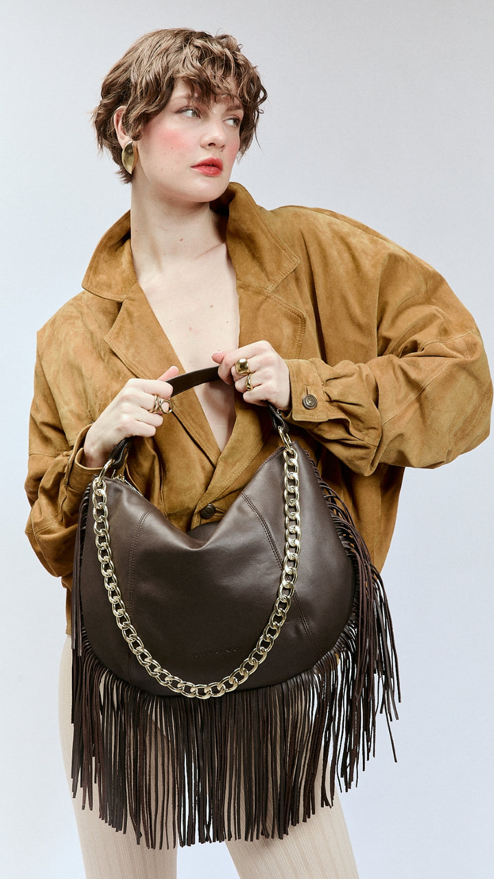 Kate – Leather Hobo Bag with Long Fringes and a Removable Gold Chain