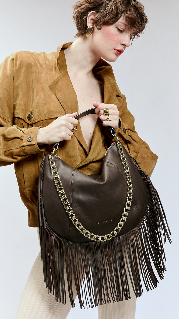 Kate – Leather Hobo Bag with Long Fringes and a Removable Gold Chain