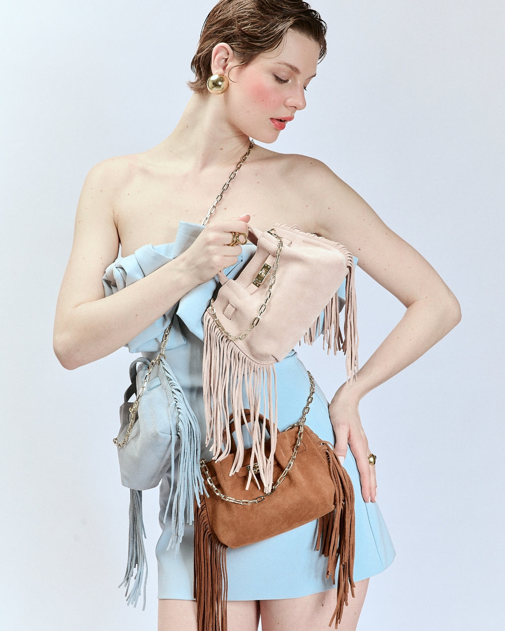 Sveva Mini Suede Fringes – Borsa a mano in pelle scamosciata con frange e chiusura girello